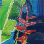 "Hanging Heliconia Collage"  painted paper collage by Mary Spears